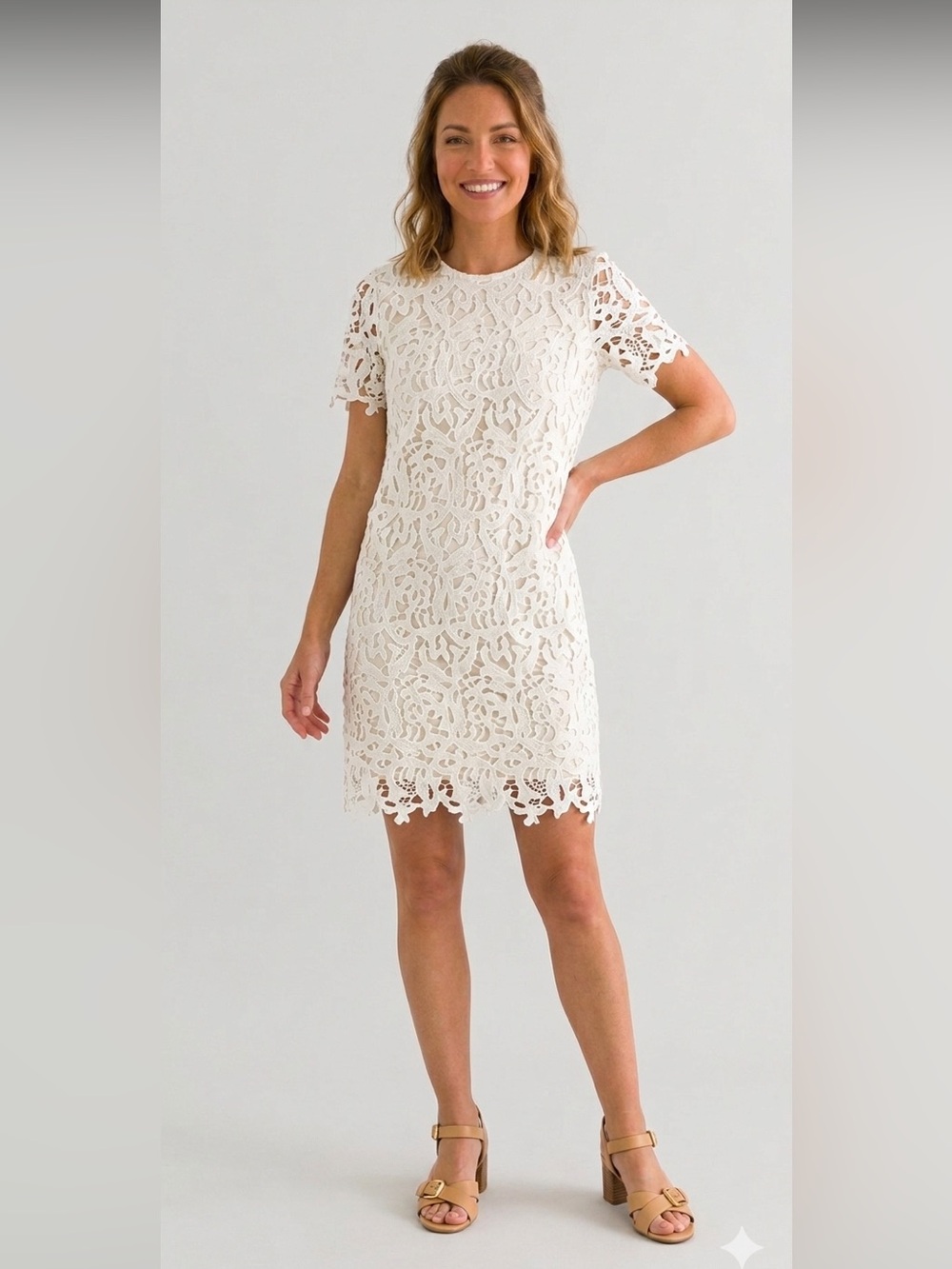 Zara White Lace Cutout Lined Short Sleeve Above the Knee Midi Dress Size Small